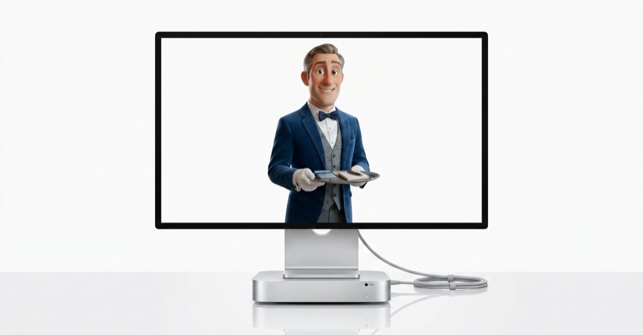 The Dagworth BOSS CONSOLE — a Mac mini with a desktop monitor on a clean kitchen counter